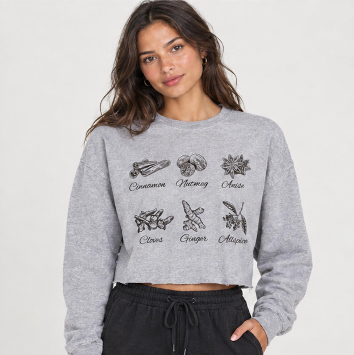 Autumn Spice Illustration Crop Long Sleeve Tee | Minimal Fall Spice Design