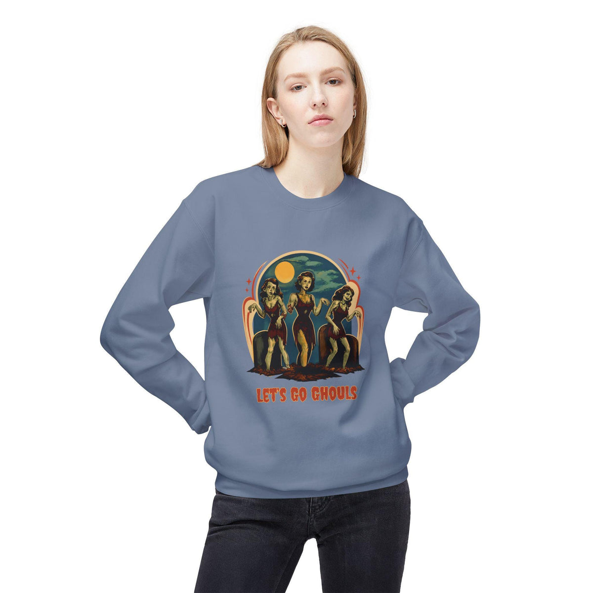 Let's Go Ghouls vintage pinup trio Crewneck Sweatshirt | retro horror vibe