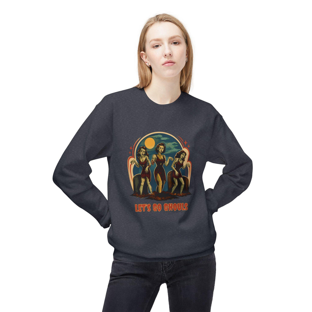 Let's Go Ghouls vintage pinup trio Crewneck Sweatshirt | retro horror vibe