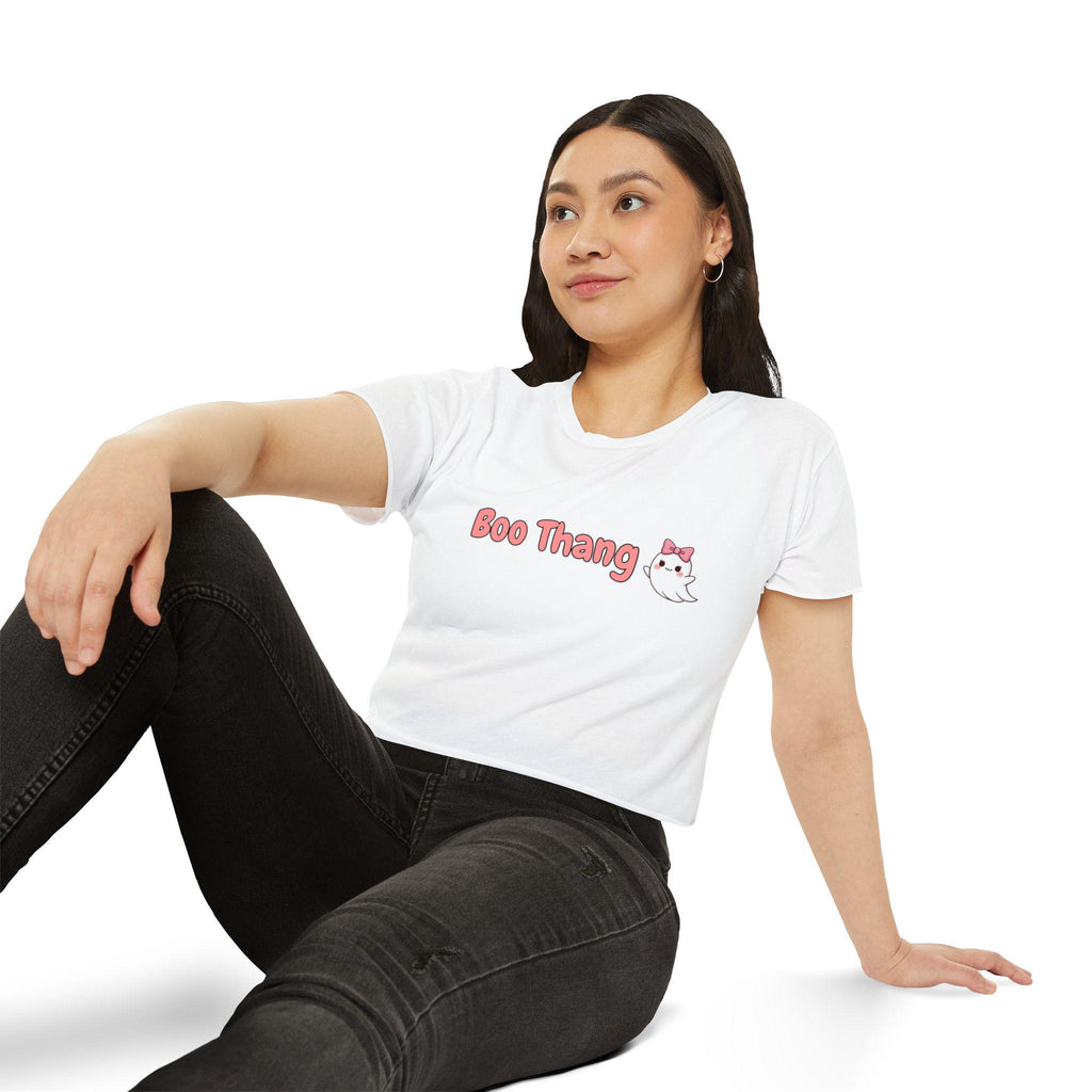Boo Thang Ghost Crop Top | Spooky Pink Bow, Scoop Neck, Raw Hem