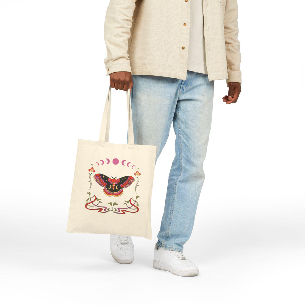 Moth and Moon Phases Tote Bag | Botanical Crescent Canvas Tote