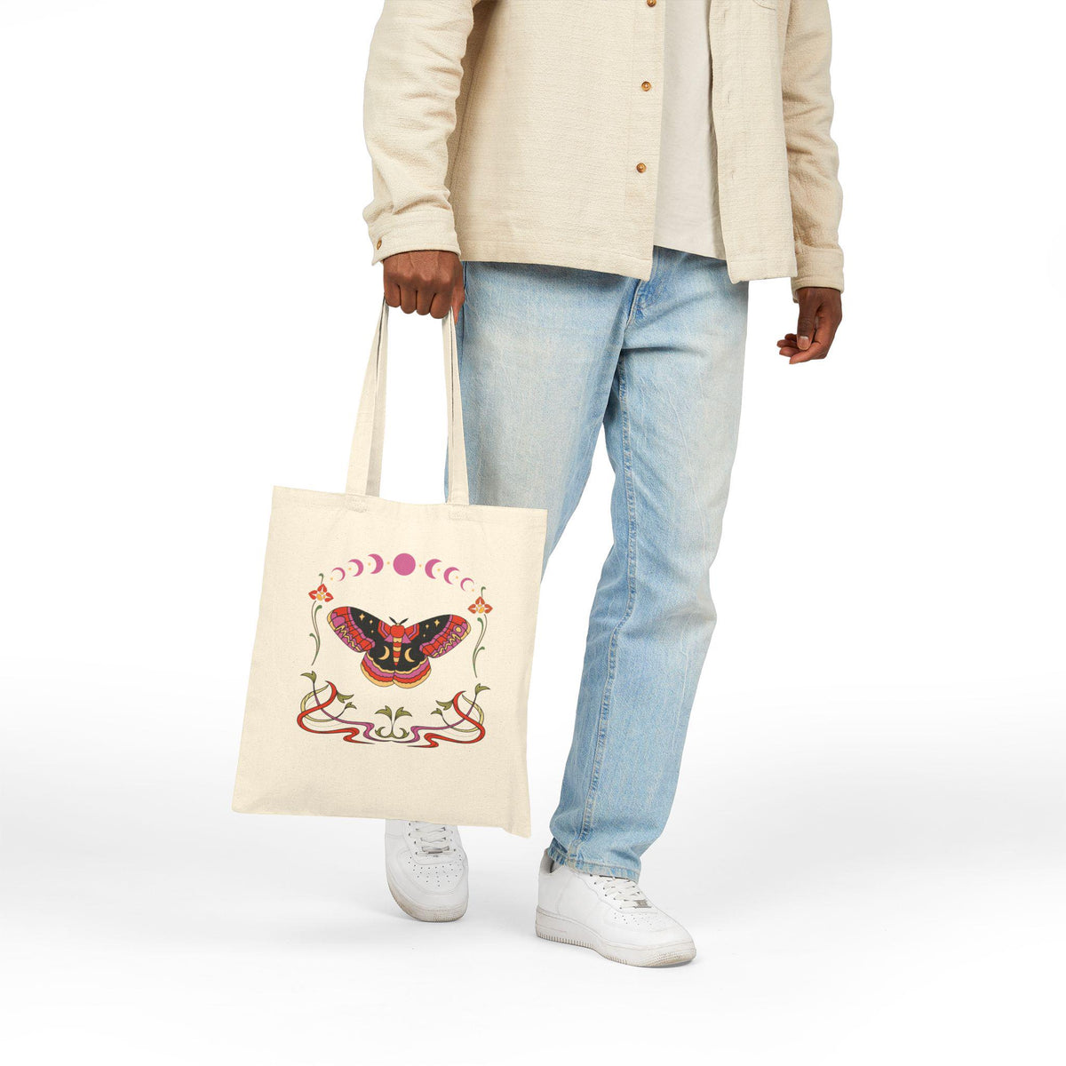 Moth and Moon Phases Tote Bag | Botanical Crescent Canvas Tote