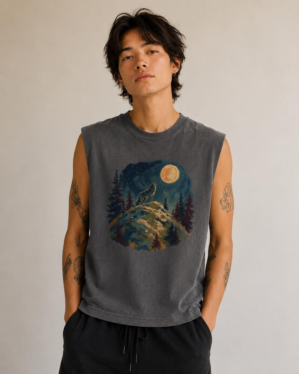 Howling Wolf Moon Forest, Muscle Tee | Night Sky Nature Graphic