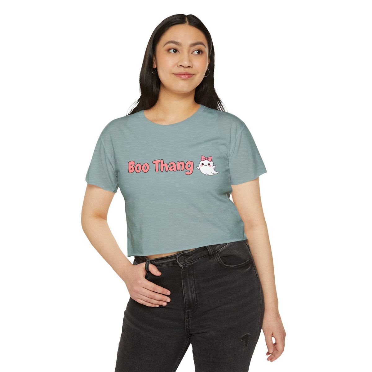 Boo Thang Ghost Crop Top | Spooky Pink Bow, Scoop Neck, Raw Hem