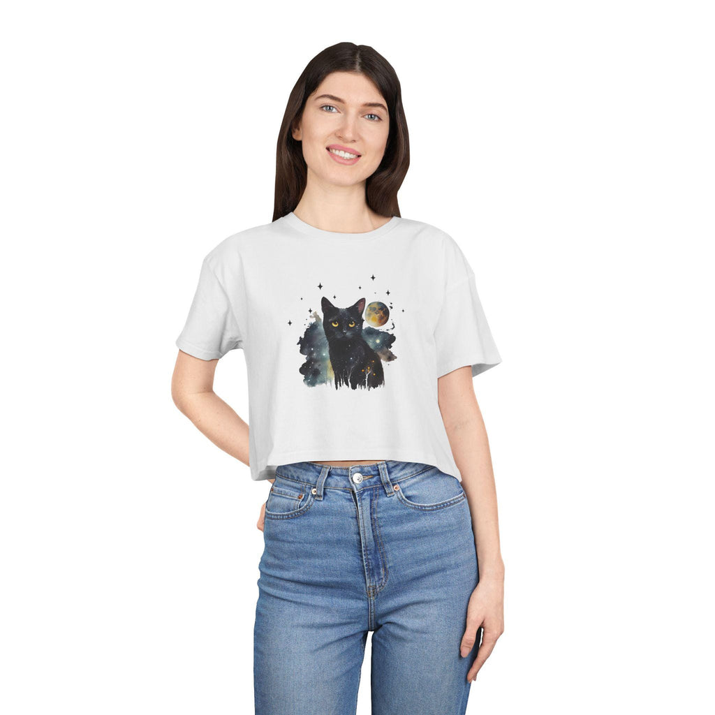 Black Cat Moon Art Crop Tee | Celestial Cat Graphic Top
