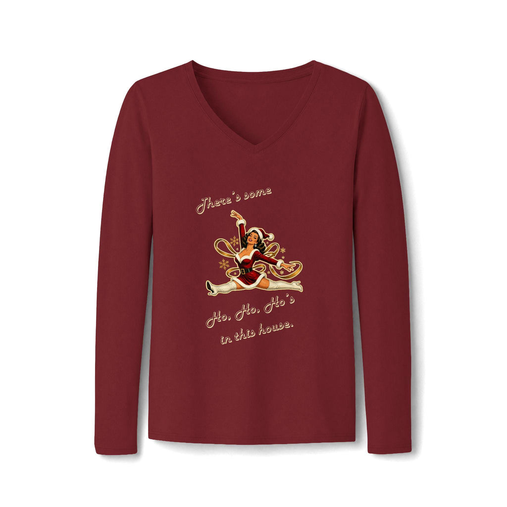Mrs. Santa "Ho Ho Ho's in this house" Christmas Long Sleeve V-Neck Tee