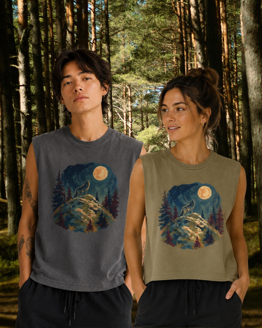 Howling Wolf Moon Forest, Muscle Tee | Night Sky Nature Graphic