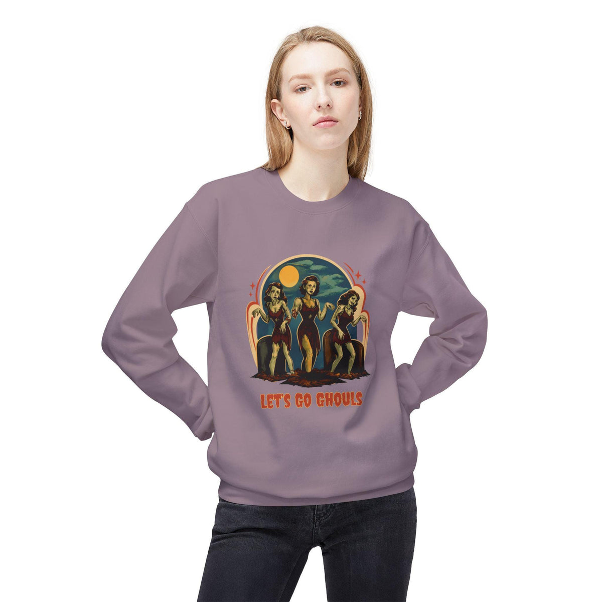 Let's Go Ghouls vintage pinup trio Crewneck Sweatshirt | retro horror vibe