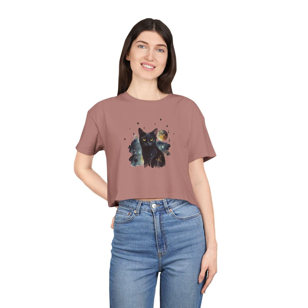 Black Cat Moon Art Crop Tee | Celestial Cat Graphic Top