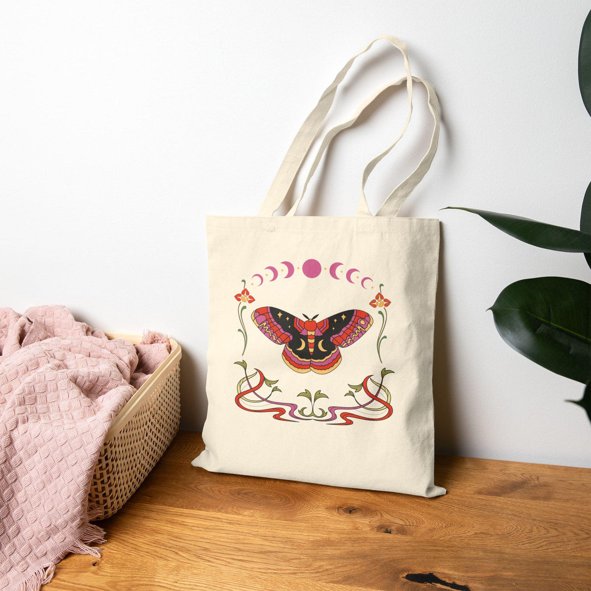 Moth and Moon Phases Tote Bag | Botanical Crescent Canvas Tote
