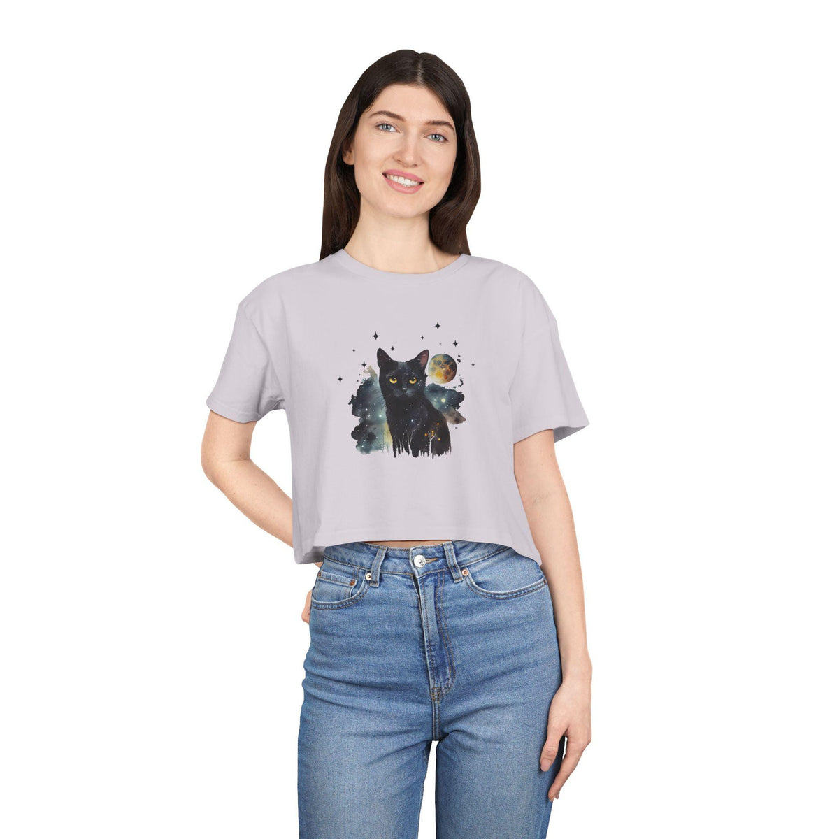 Black Cat Moon Art Crop Tee | Celestial Cat Graphic Top