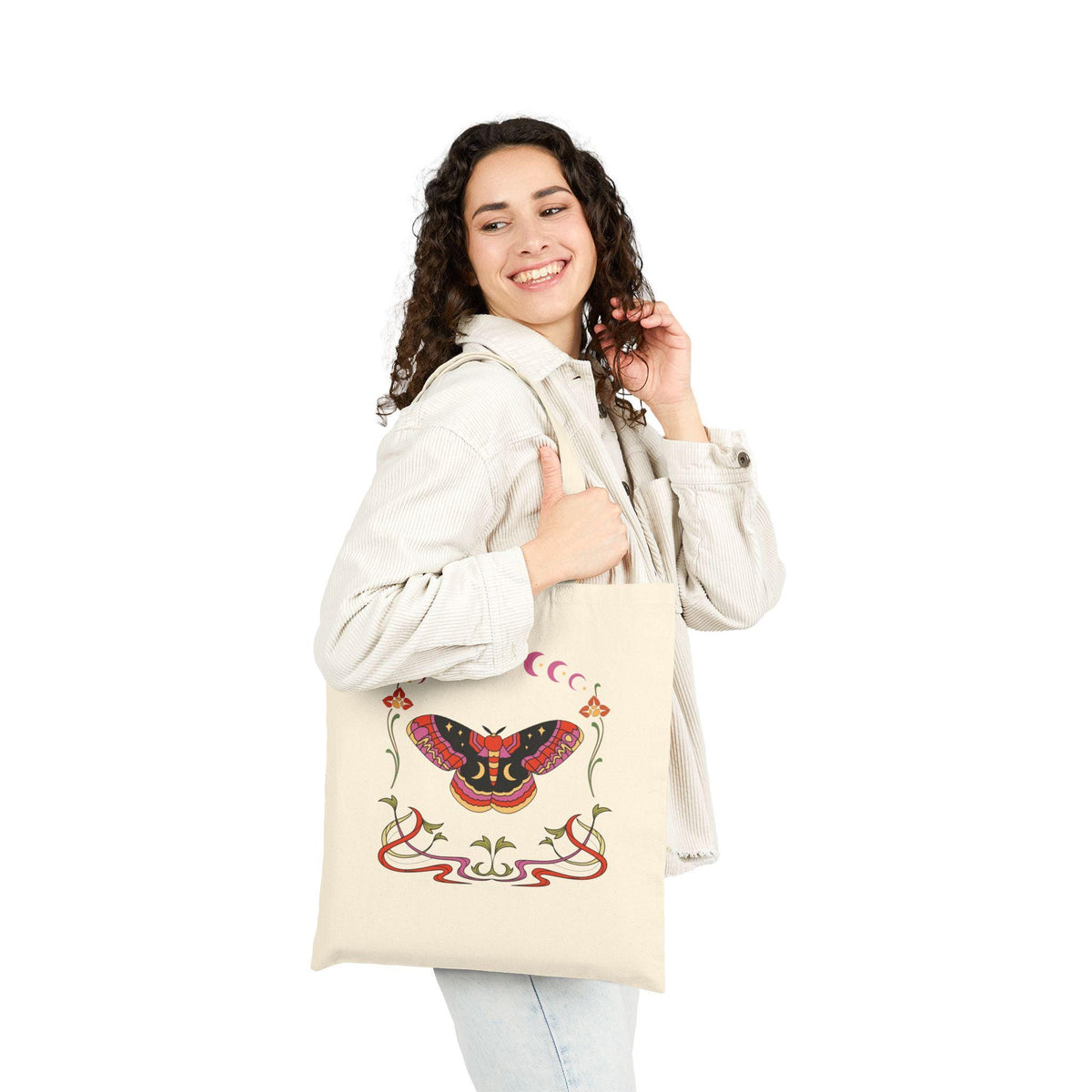 Moth and Moon Phases Tote Bag | Botanical Crescent Canvas Tote