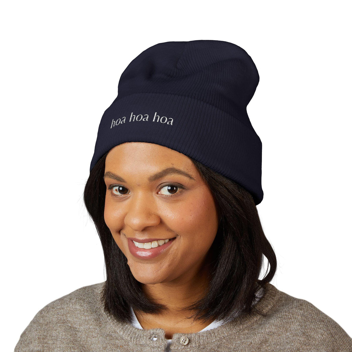 Embroidered Beanie: "Hoa" Cuffed Acrylic Hat – Spooky Season Accessory