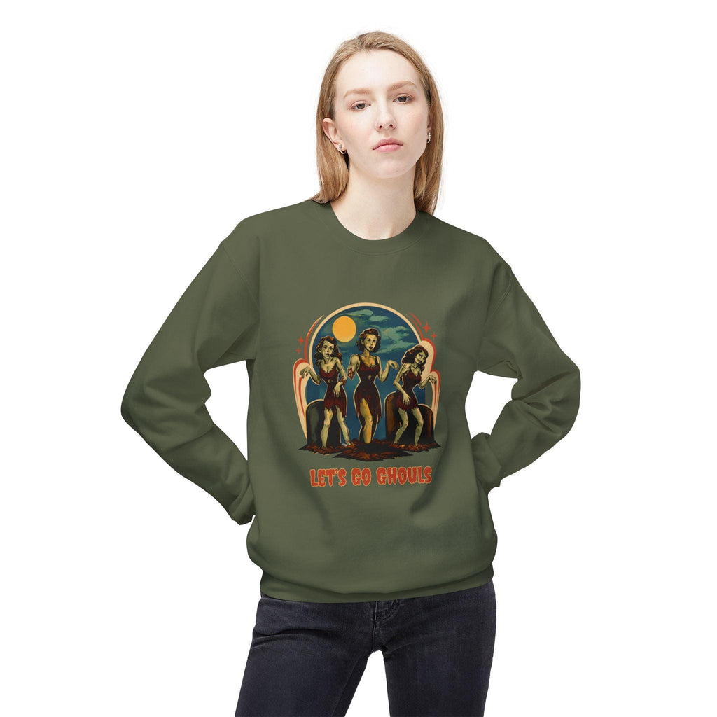 Let's Go Ghouls vintage pinup trio Crewneck Sweatshirt | retro horror vibe