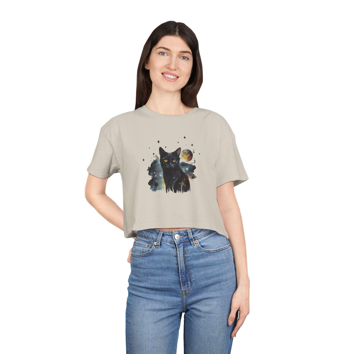 Black Cat Moon Art Crop Tee | Celestial Cat Graphic Top