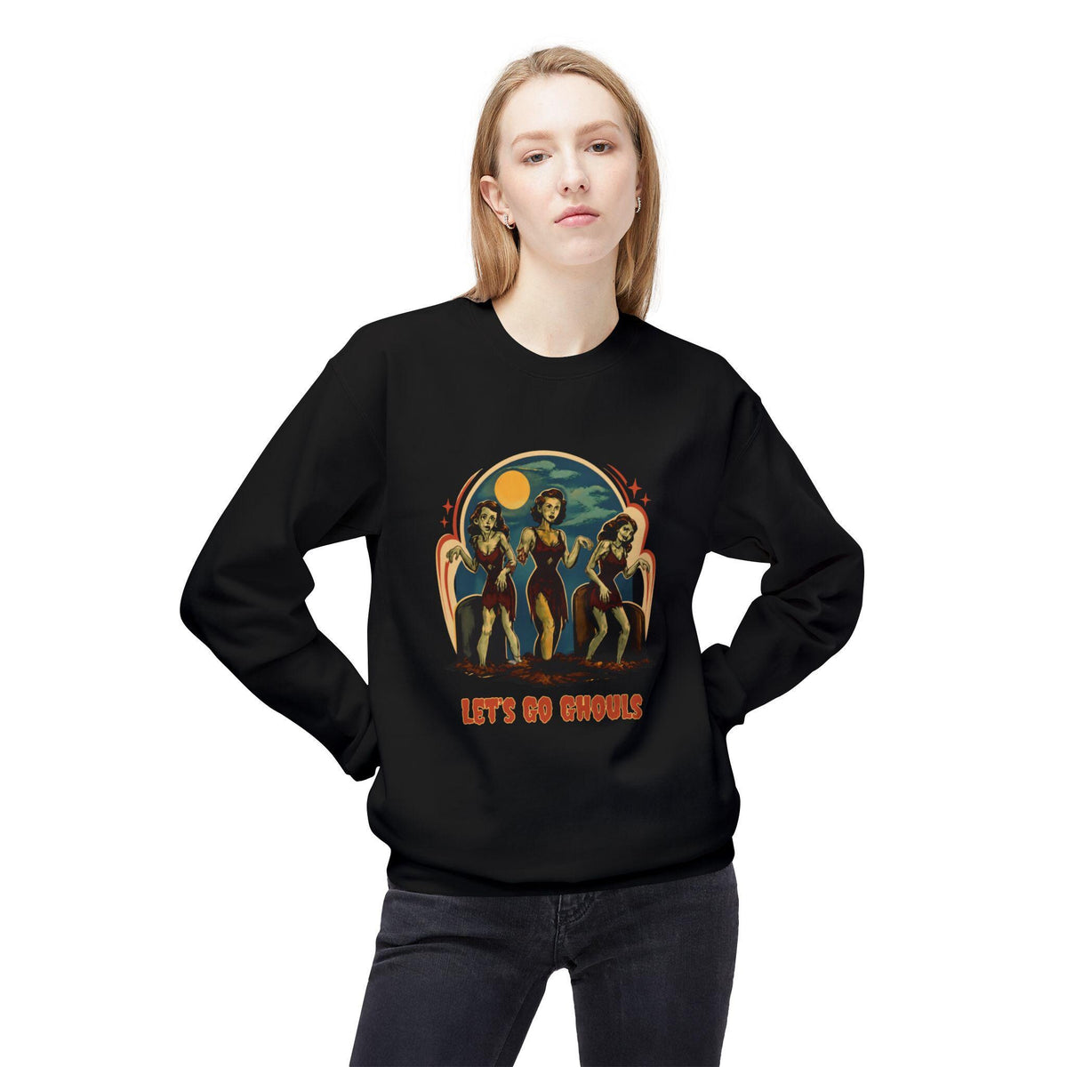 Let's Go Ghouls vintage pinup trio Crewneck Sweatshirt | retro horror vibe