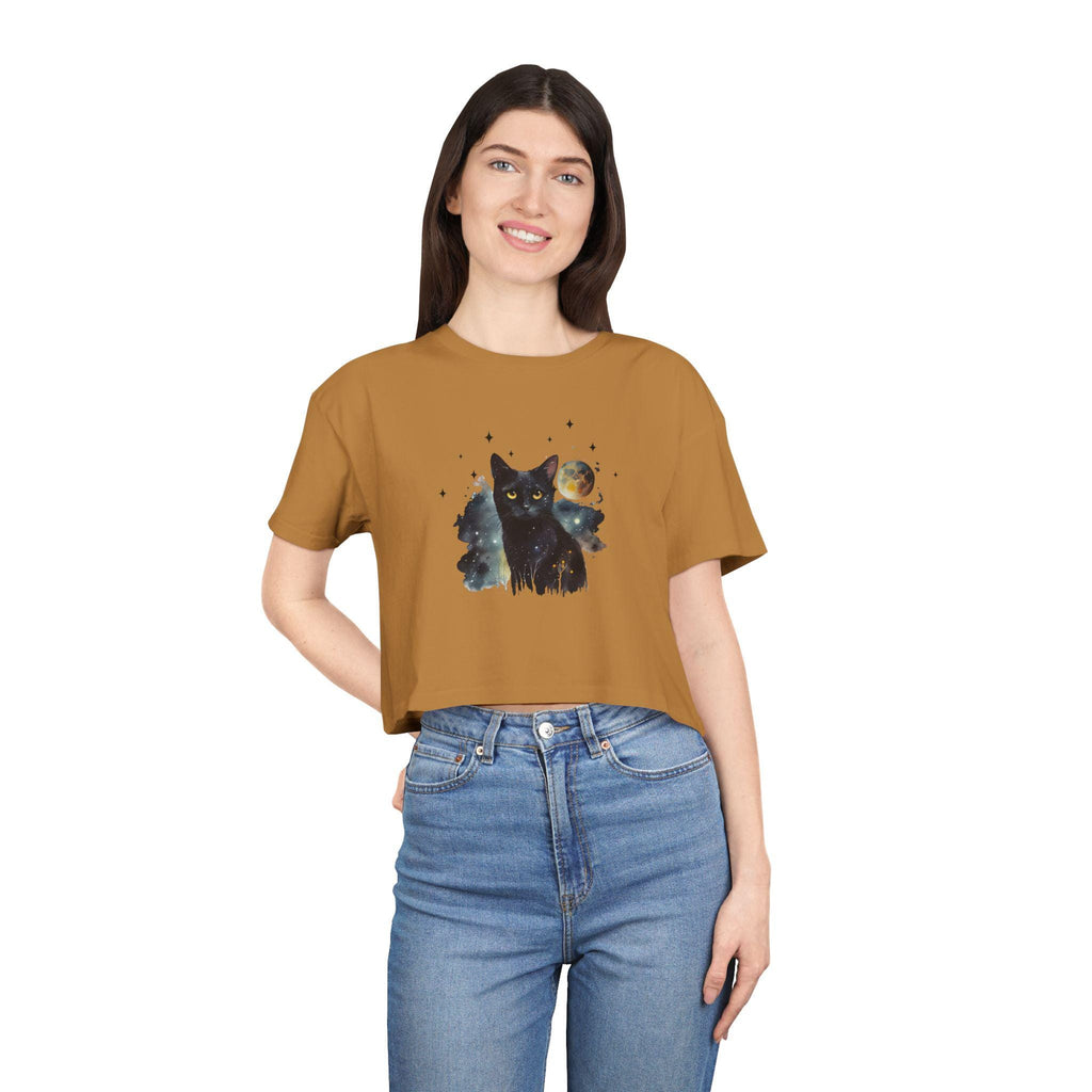 Black Cat Moon Art Crop Tee | Celestial Cat Graphic Top