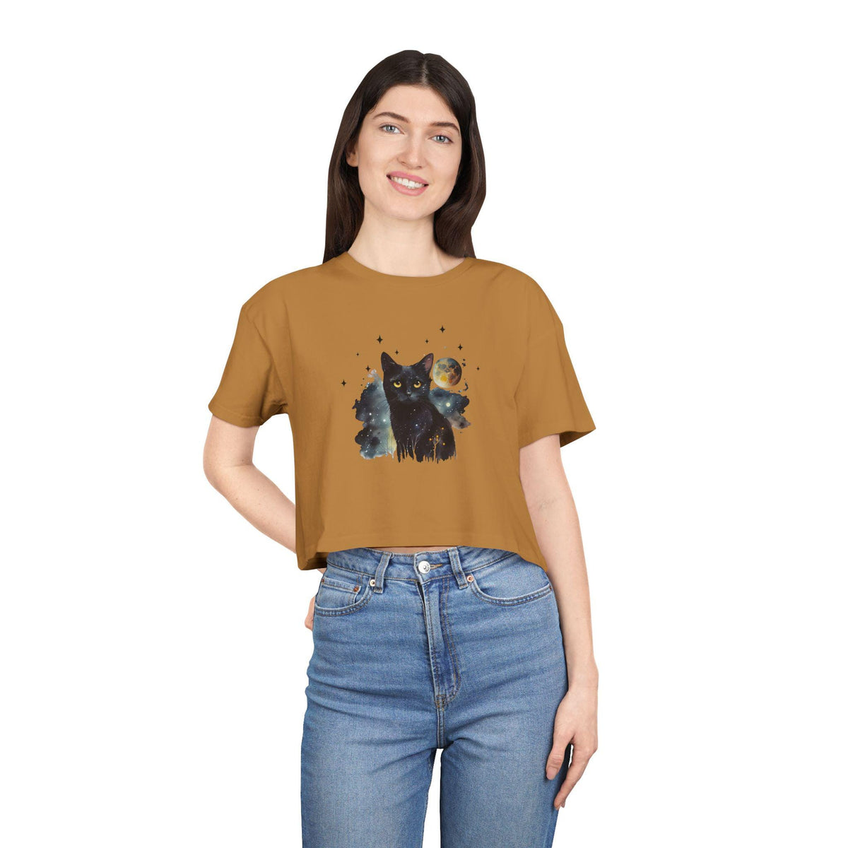 Black Cat Moon Art Crop Tee | Celestial Cat Graphic Top