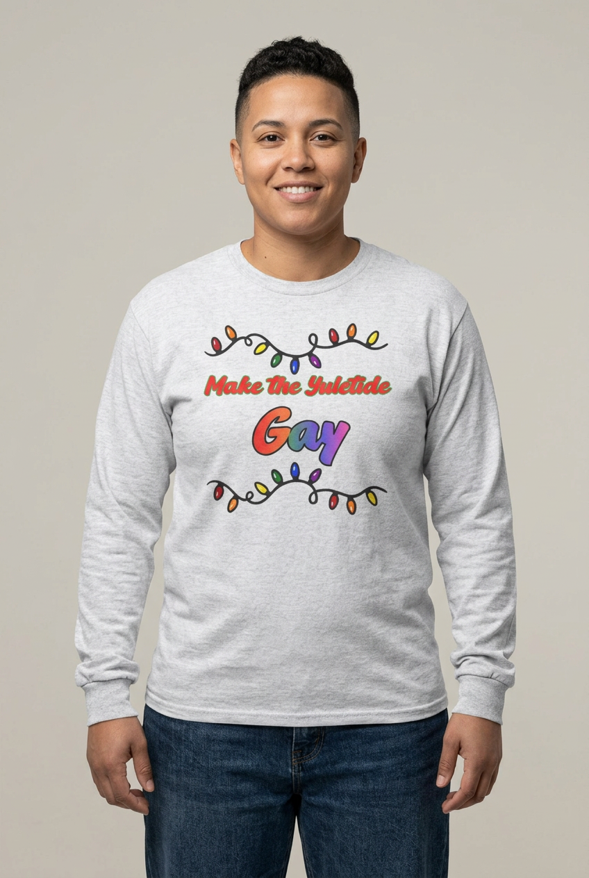 Butch female model wearing the Ash Yuletide Gay tee