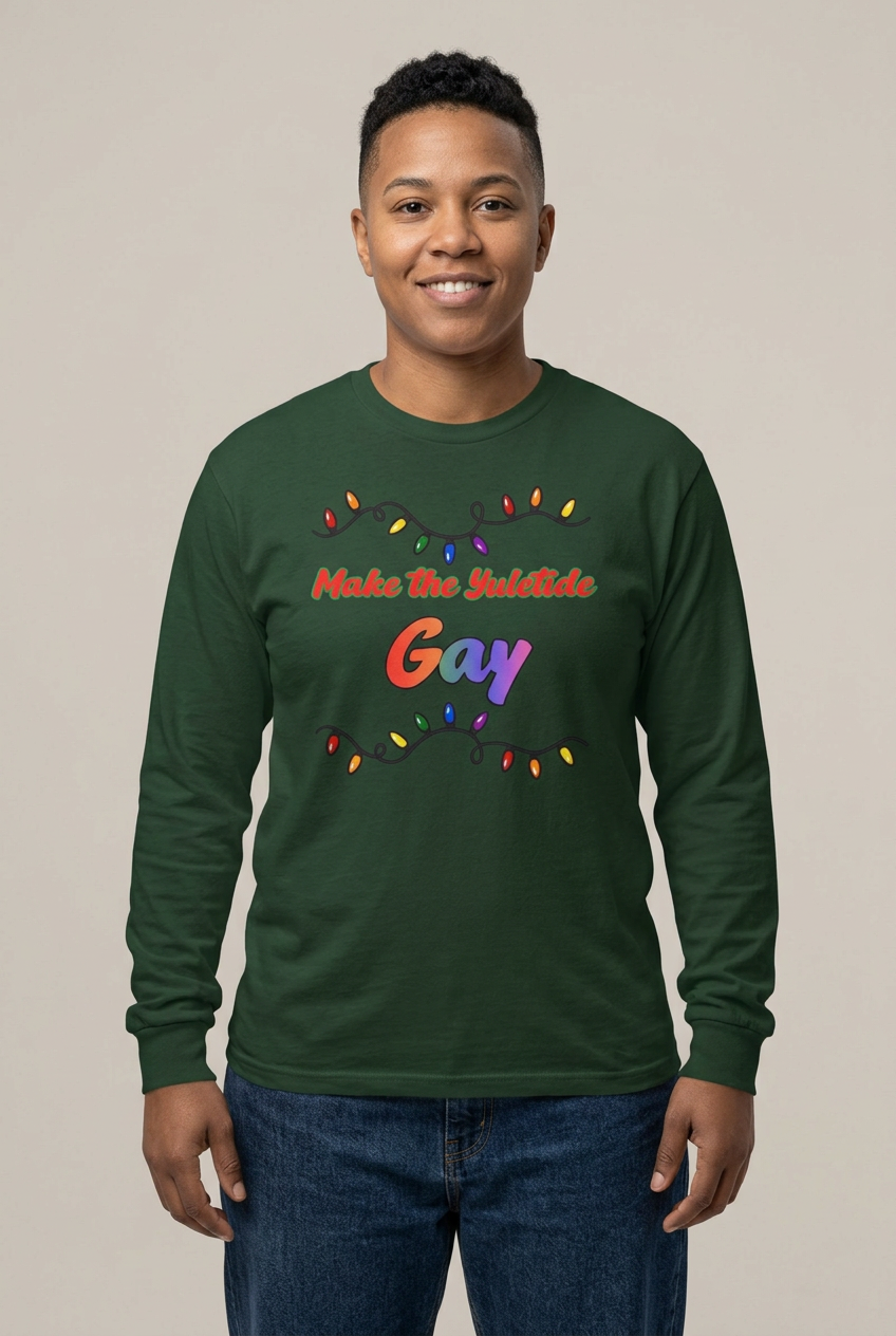 Butch female model wearing the Forest Green Yuletide Gay tee
