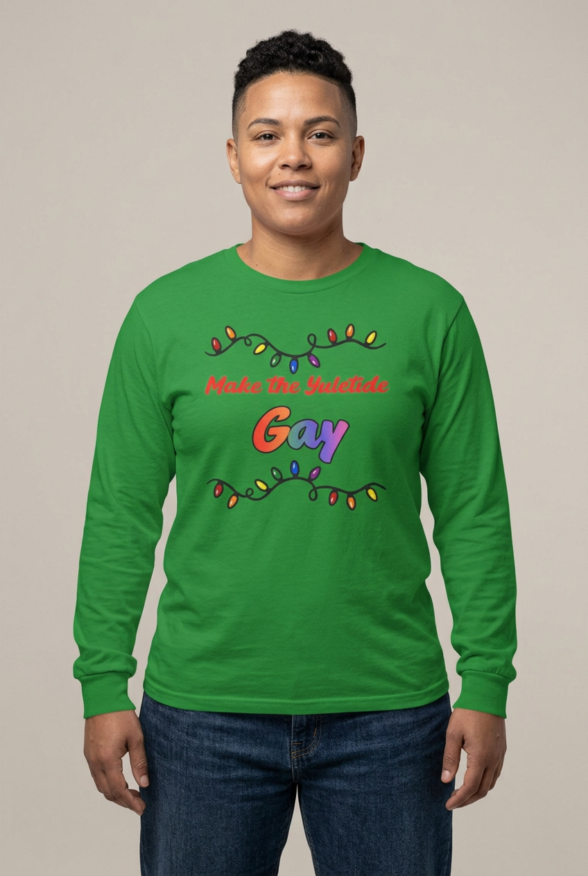 Butch female model wearing the Irish Green Yuletide Gay tee