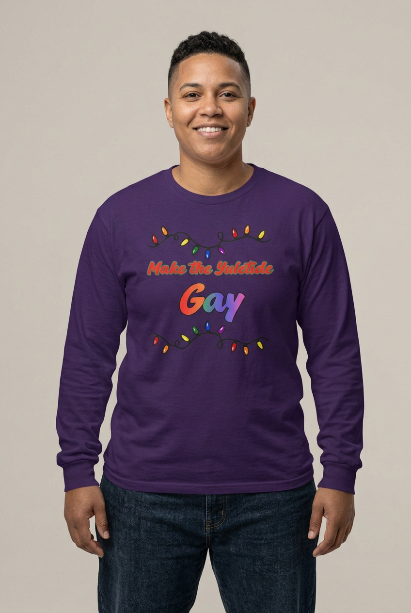 Butch female model wearing the Purple Yuletide Gay tee