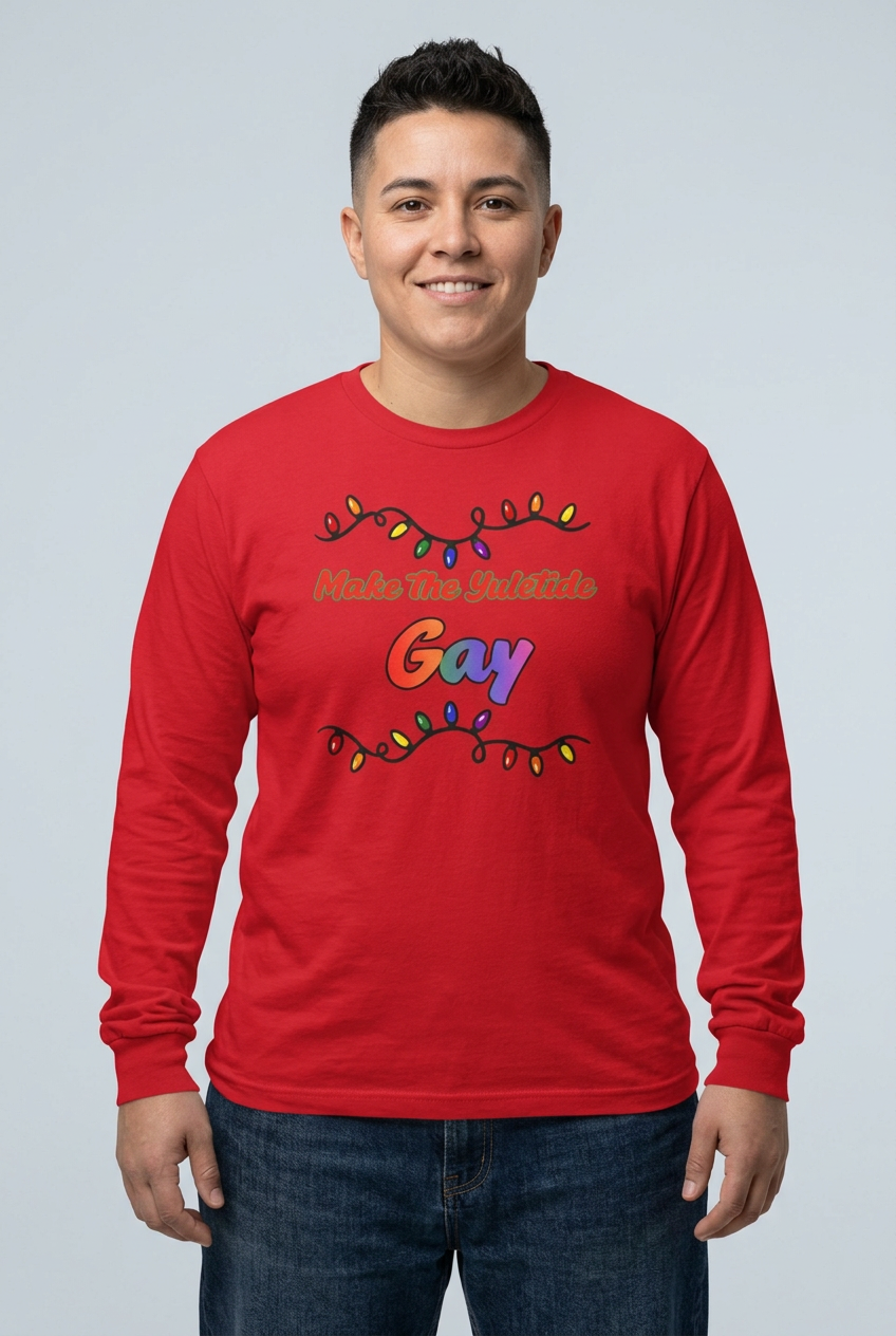 Butch female model wearing the Red Yuletide Gay tee