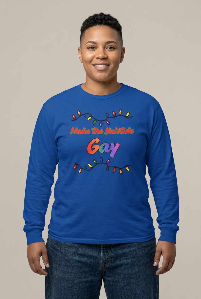 Butch female model wearing the Royal Yuletide Gay tee