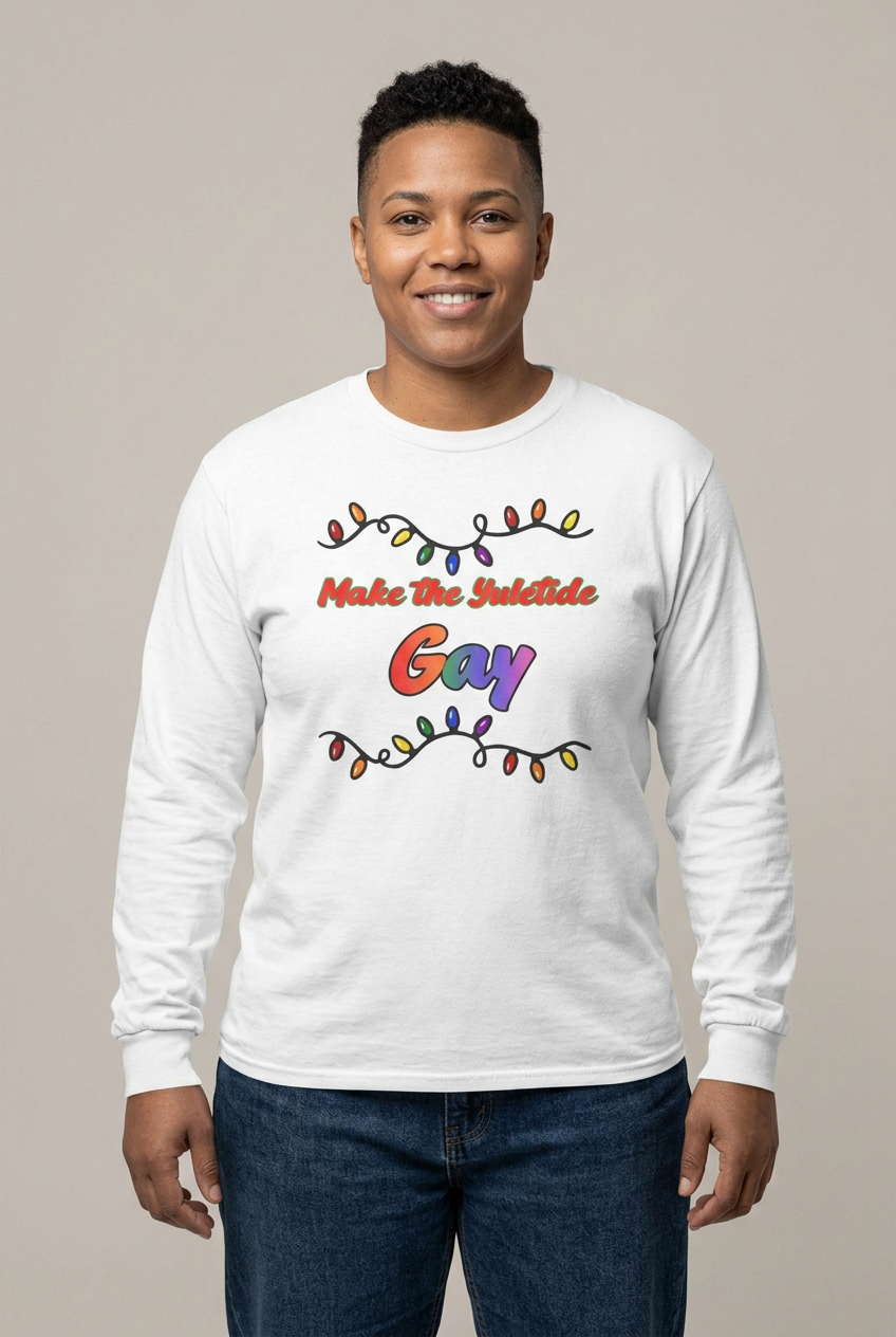 Butch female model wearing the White Yuletide Gay tee