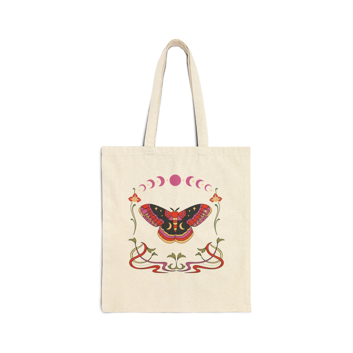 Moth and Moon Phases Tote Bag | Botanical Crescent Canvas Tote