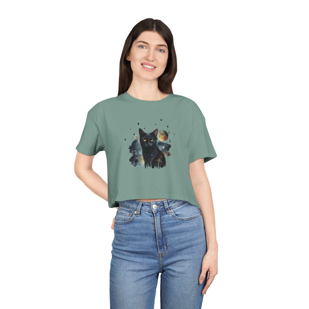 Black Cat Moon Art Crop Tee | Celestial Cat Graphic Top