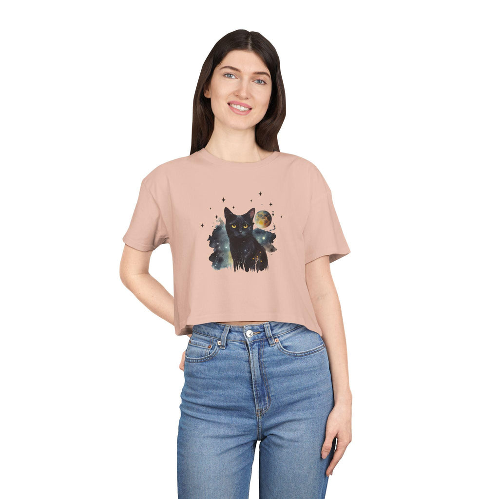 Black Cat Moon Art Crop Tee | Celestial Cat Graphic Top