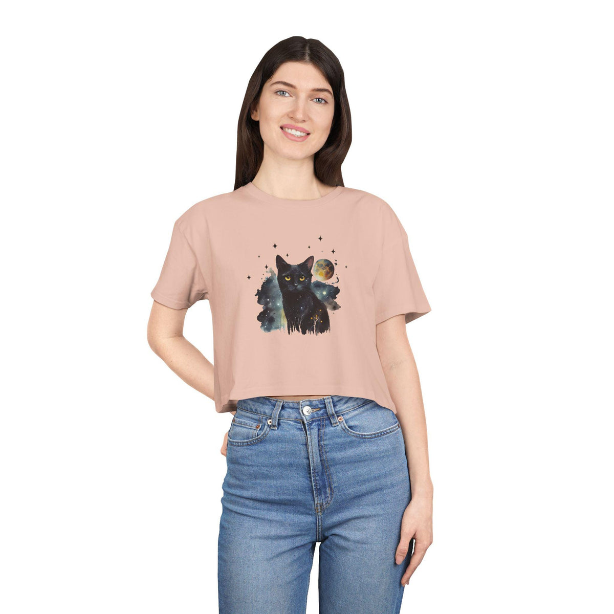 Black Cat Moon Art Crop Tee | Celestial Cat Graphic Top
