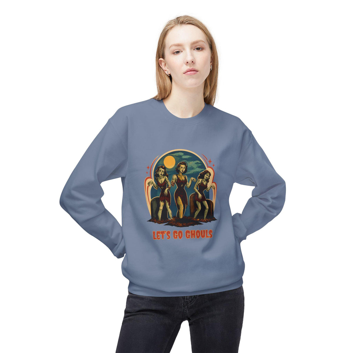 Let's Go Ghouls vintage pinup trio Crewneck Sweatshirt | retro horror vibe