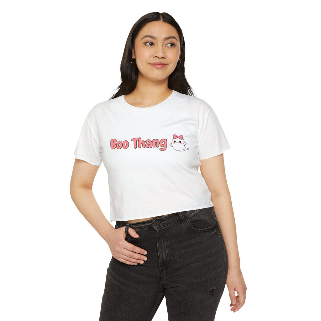 Boo Thang Ghost Crop Top | Spooky Pink Bow, Scoop Neck, Raw Hem