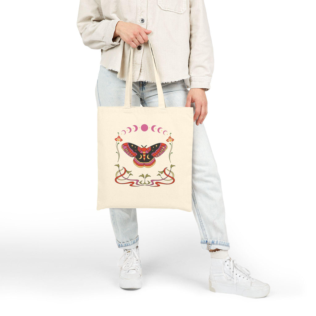Moth and Moon Phases Tote Bag | Botanical Crescent Canvas Tote
