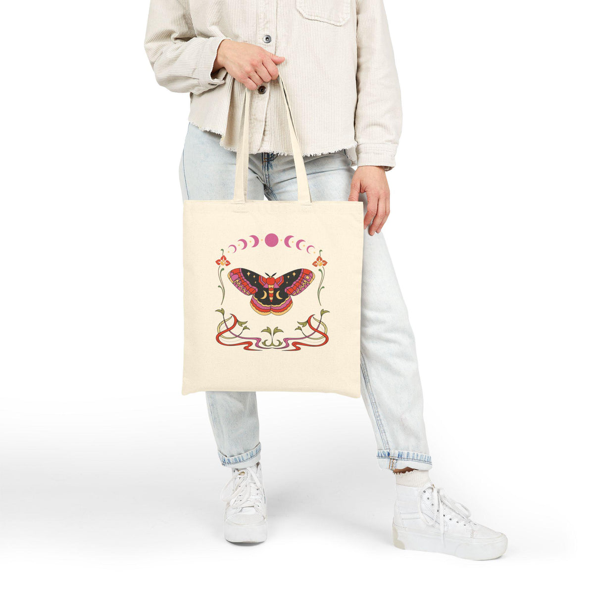 Moth and Moon Phases Tote Bag | Botanical Crescent Canvas Tote