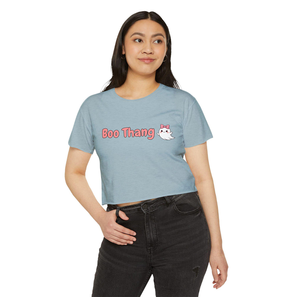 Boo Thang Ghost Crop Top | Spooky Pink Bow, Scoop Neck, Raw Hem