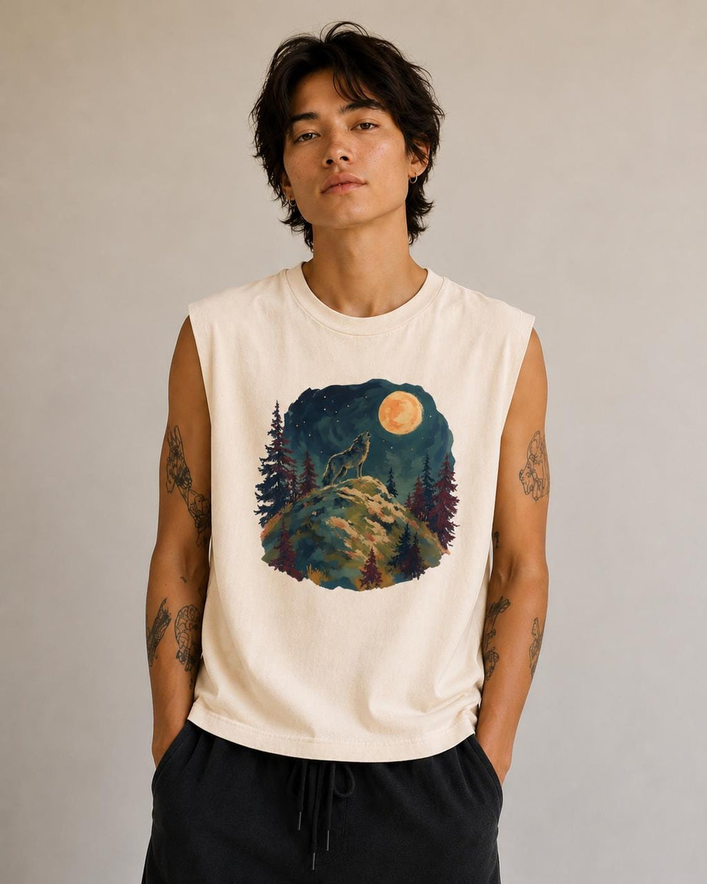 Howling Wolf Moon Forest, Muscle Tee | Night Sky Nature Graphic
