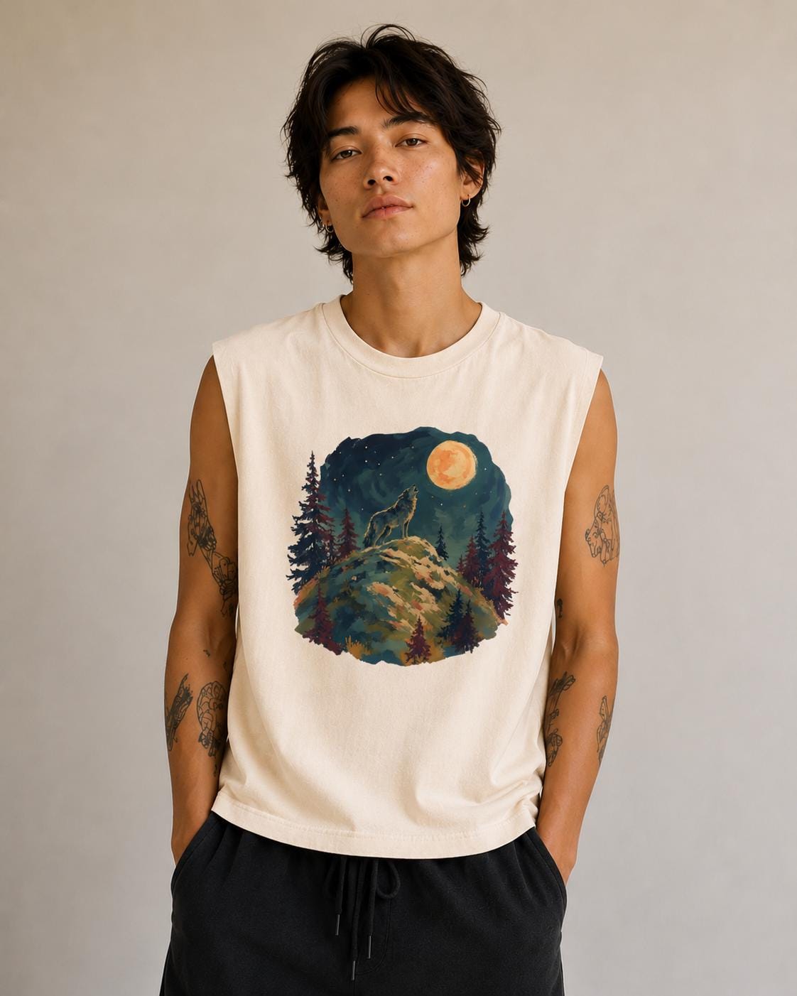 Howling Wolf Moon Forest, Muscle Tee | Night Sky Nature Graphic