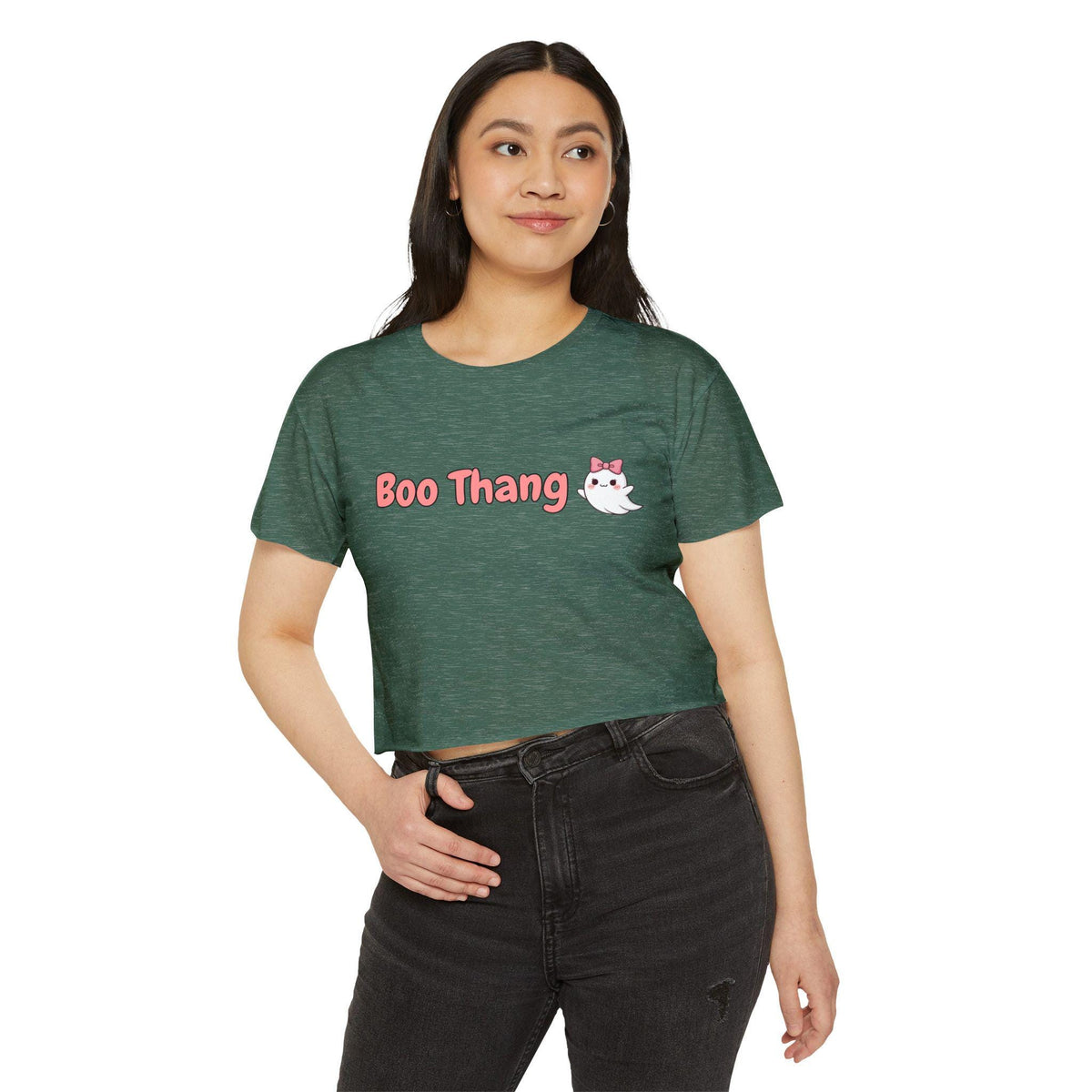 Boo Thang Ghost Crop Top | Spooky Pink Bow, Scoop Neck, Raw Hem