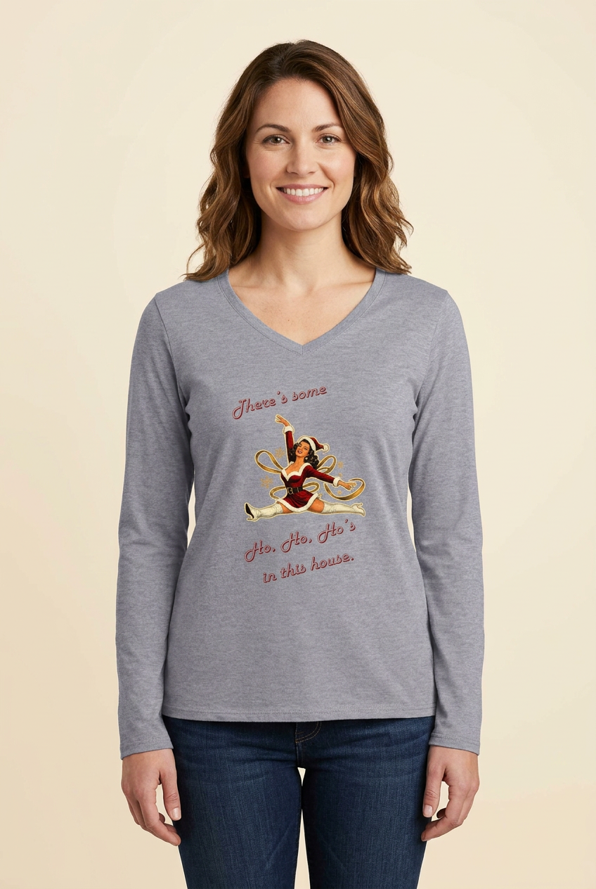 Female model wearing Athletic Heather Mrs. Santa tee