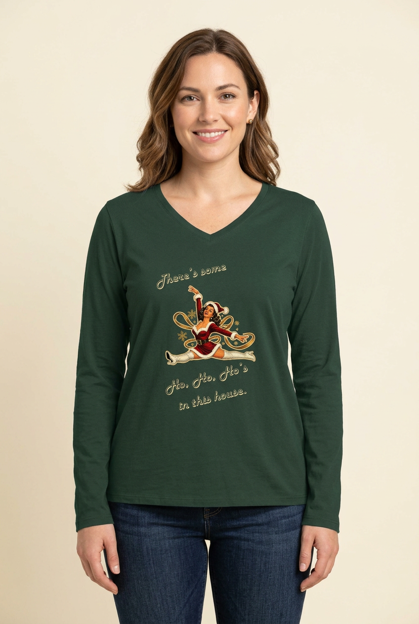 Female model wearing Forest Green Mrs. Santa tee