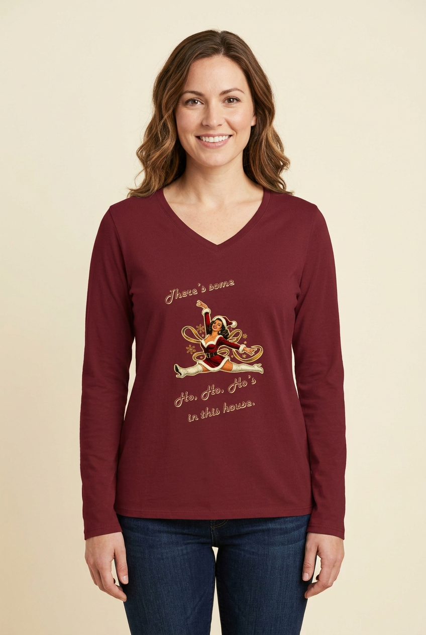 Female model wearing Team Cardinal Mrs. Santa tee
