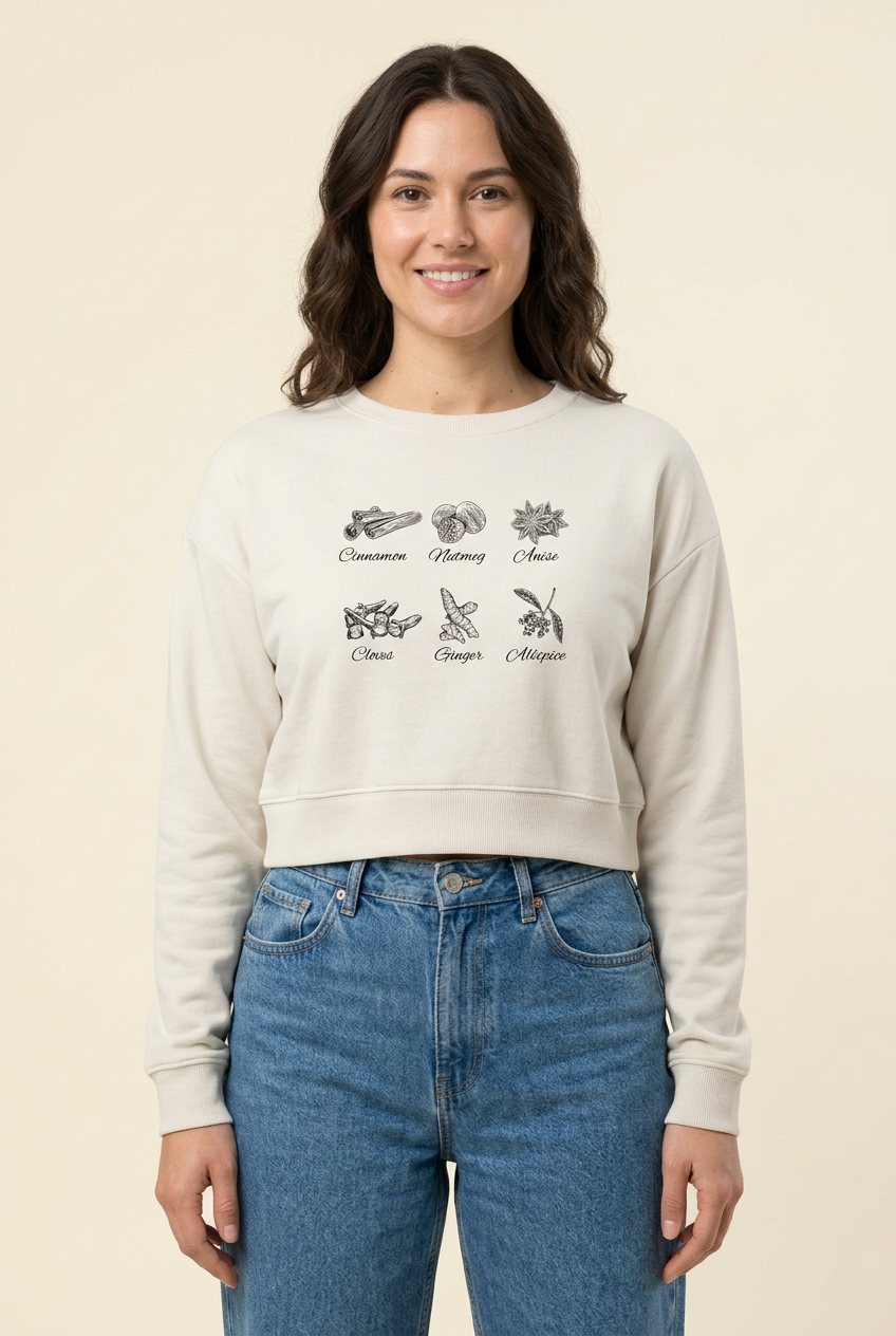 Female model wearing the bone Autumn Spice crop long sleeve tee