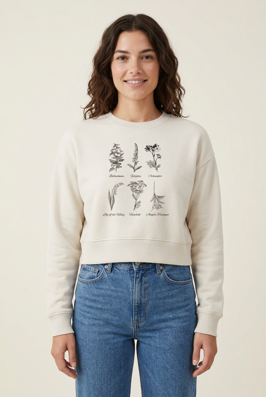 Female model wearing the bone Botanical Wildflower Sketches Crop Sweatshirt
