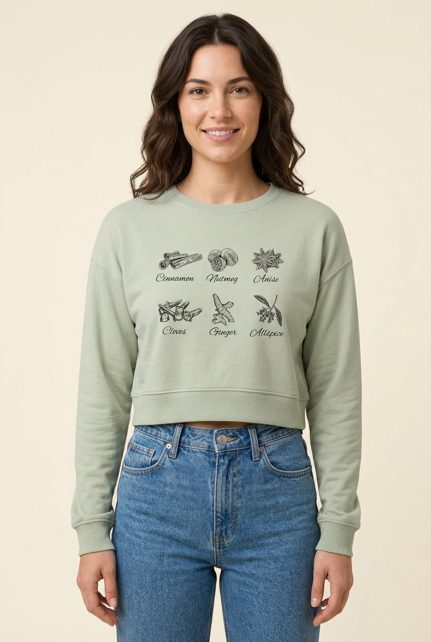 Female model wearing the matcha Autumn Spice crop long sleeve tee