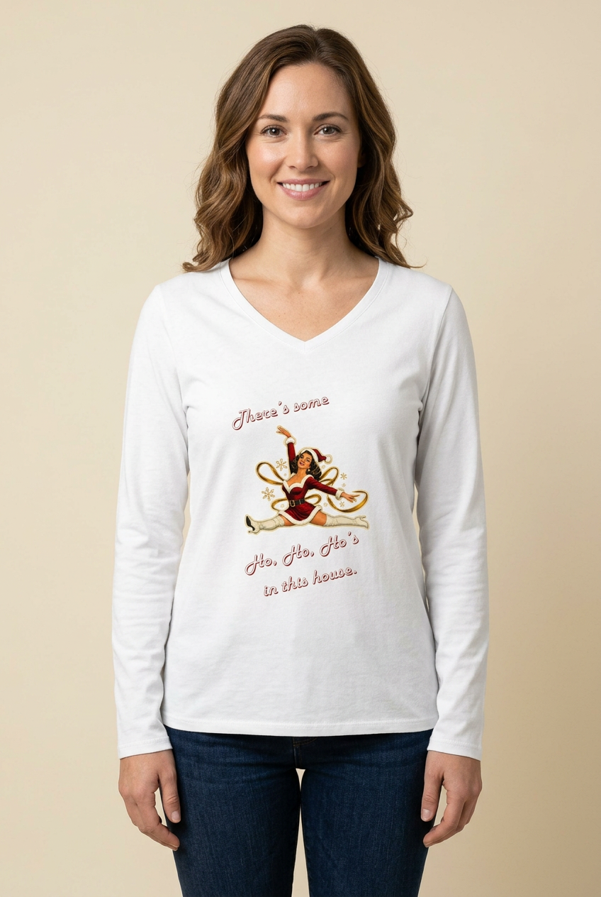 Female model wearing White Mrs. Santa tee