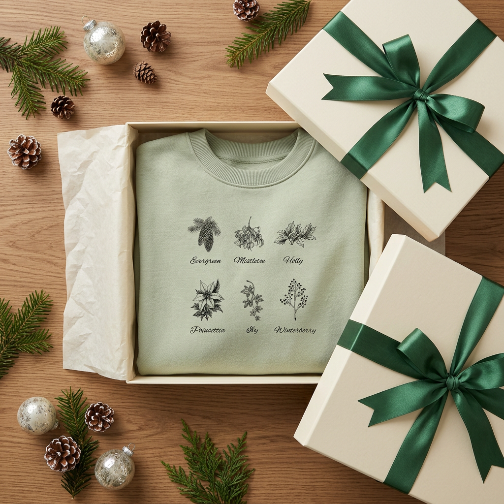 Matcha sweatshirt folded in a Christmas gift box